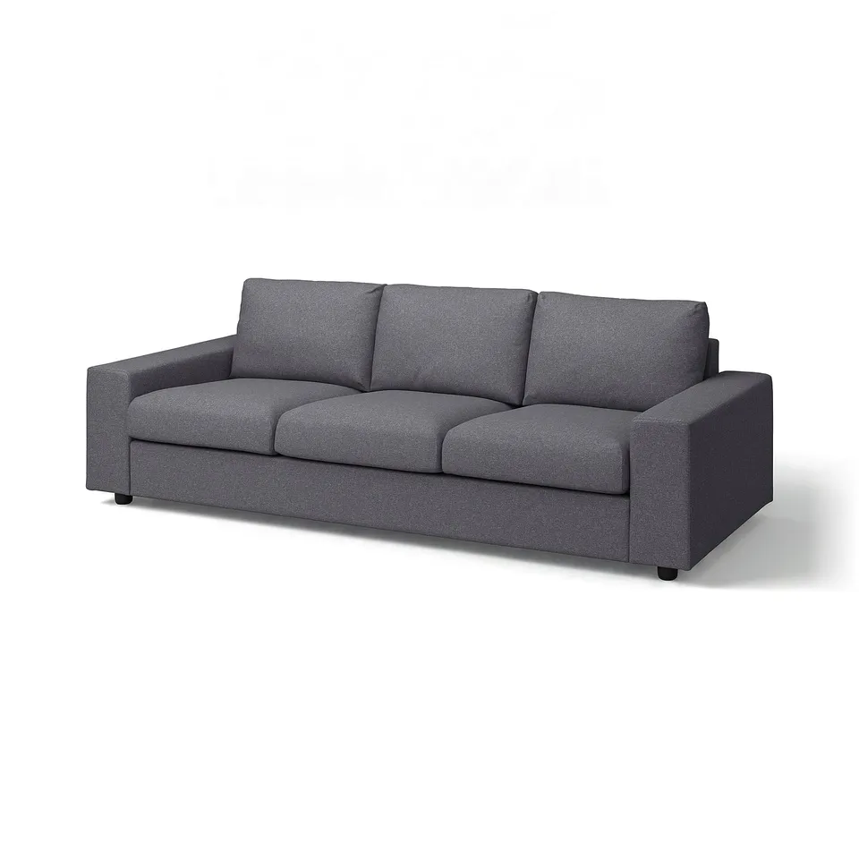 VIMLE sofa: modern grey fabric 3-seater with wide armrests, clean lines, supportive seat and back cushions.