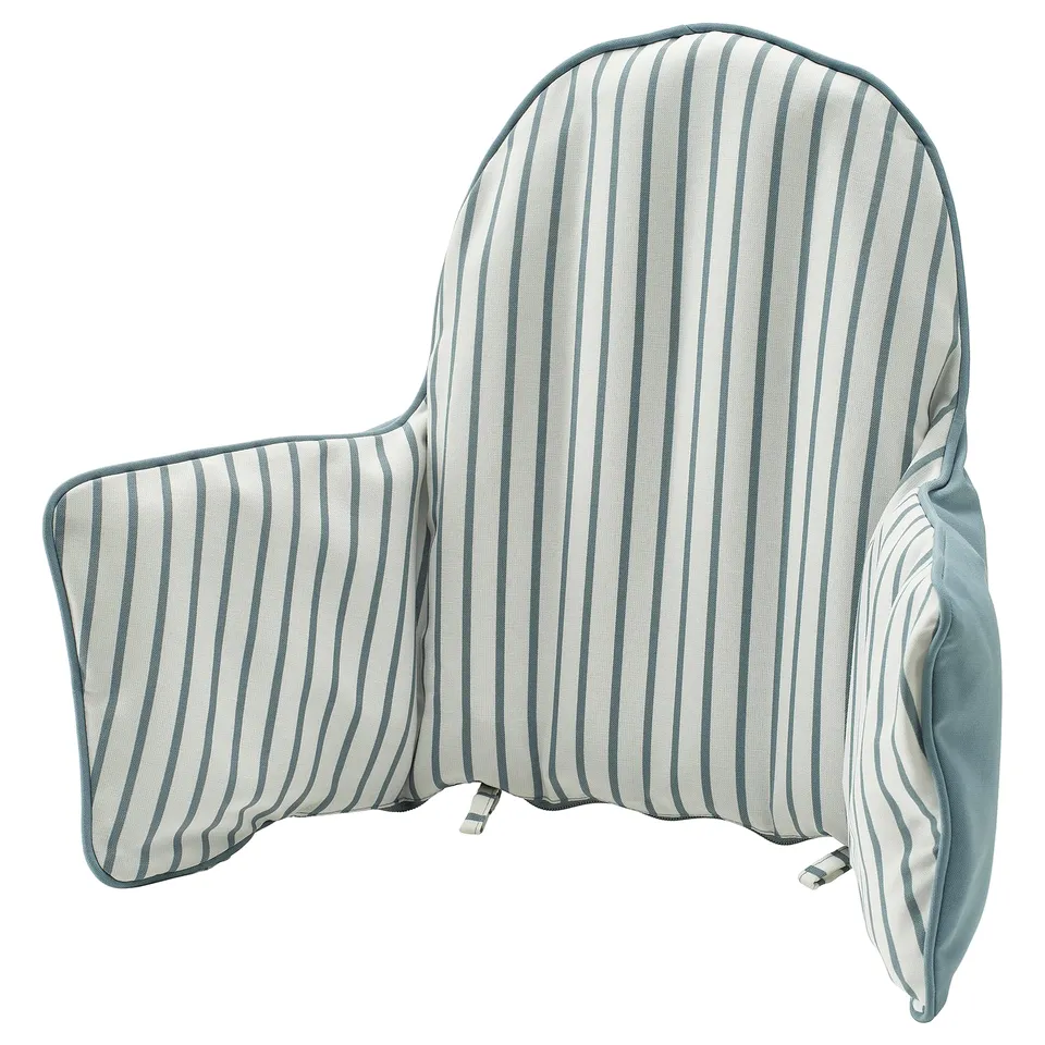 An ANTILOP inflatable baby support cushion. It is light blue and white striped, soft, and designed for comfort. It a zippered, washable cover.