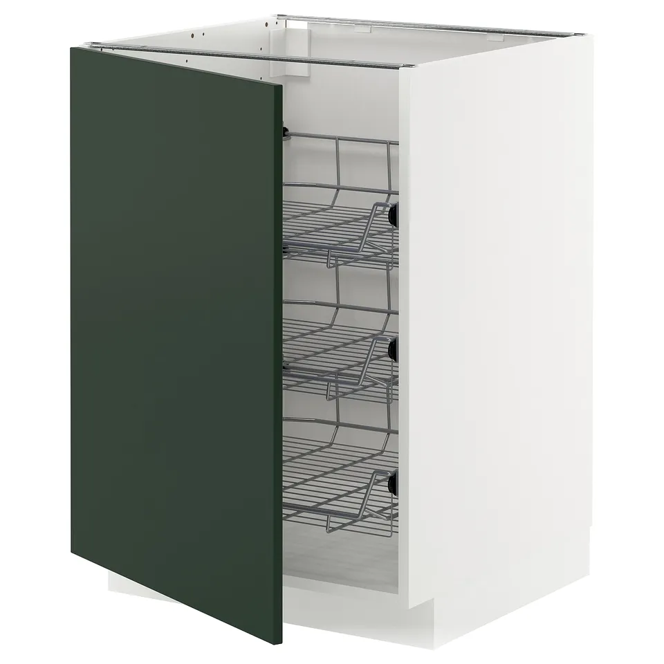 Open white METOD cabinet with green door, chrome wire shelves.