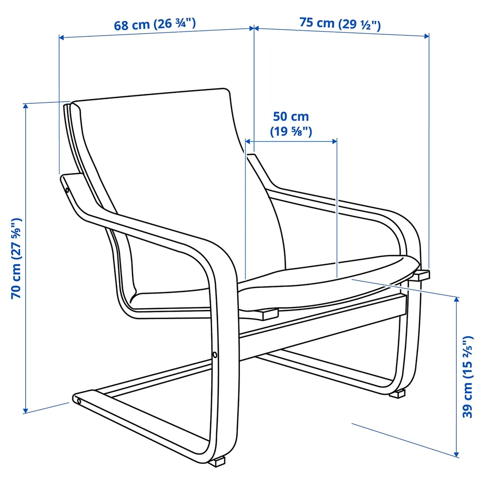 Illustration with measurements for the product: POÄNG.
