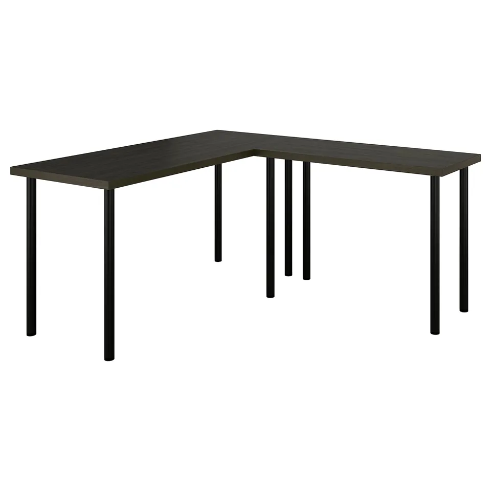 LAGKAPTEN: black l-shaped desk with metal legs.