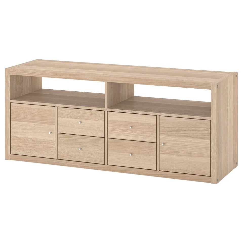 KALLAX tv stand in oak veneer drawers and shelves for storage. Its light wood design complements modern spaces.