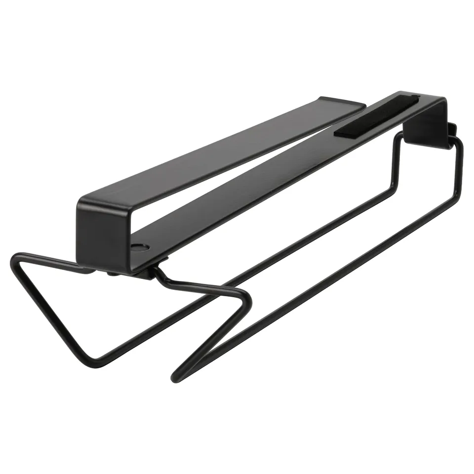 A black PÅLYCKE wine glass rack, made of powder-coated steel, designed to be mounted under shelves or cabinets to save space.