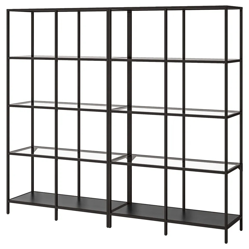 VITTSJÖ black-brown glass metal storage; modern, industrial, adjustable feet.