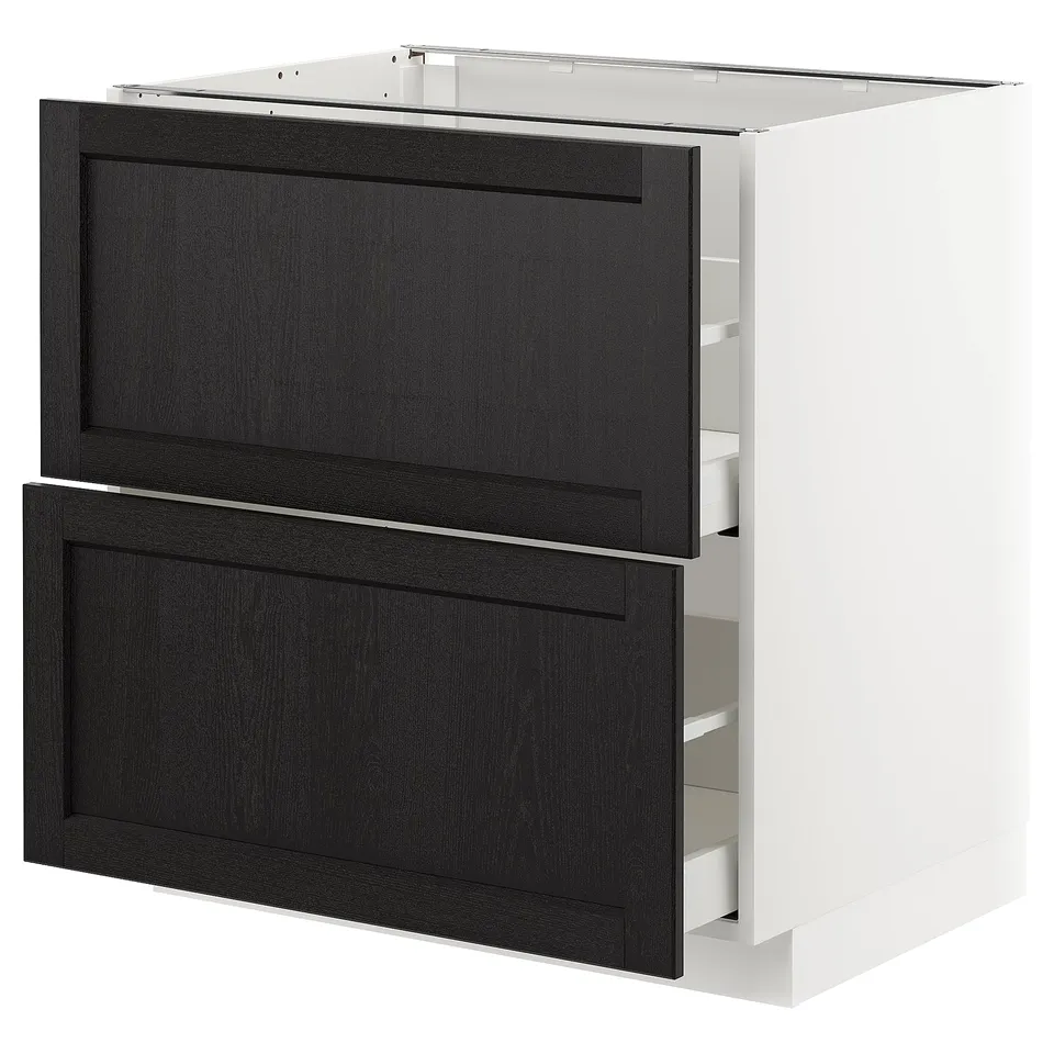 Black stained ash METOD kitchen cabinet with bevelled edges and drawers.