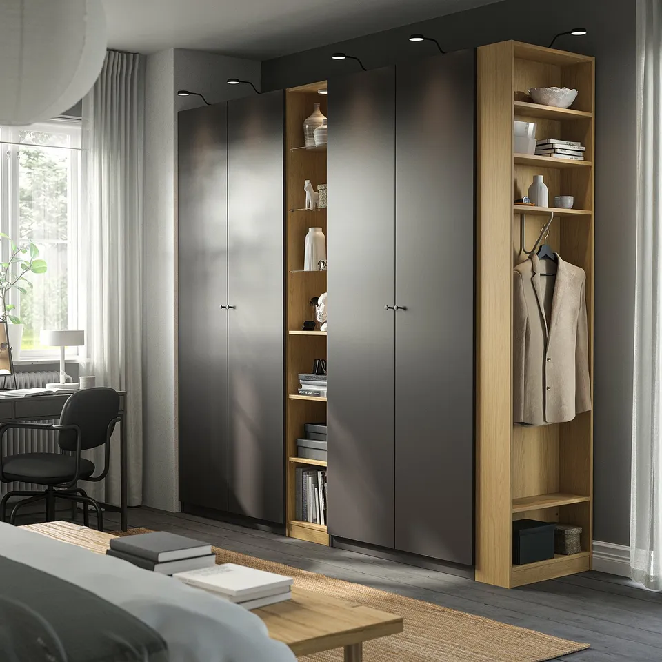 PAX / FORSAND Wardrobe combination, dark grey dark grey/oak effect, 255x60x236 cm