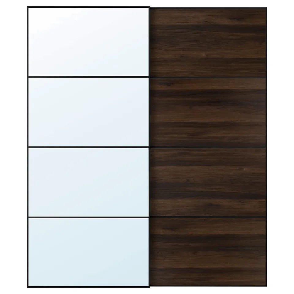 AULI / MEHAMN Pair of sliding doors, black mirror glass/double sided dark brown oak effect, 200x236 cm