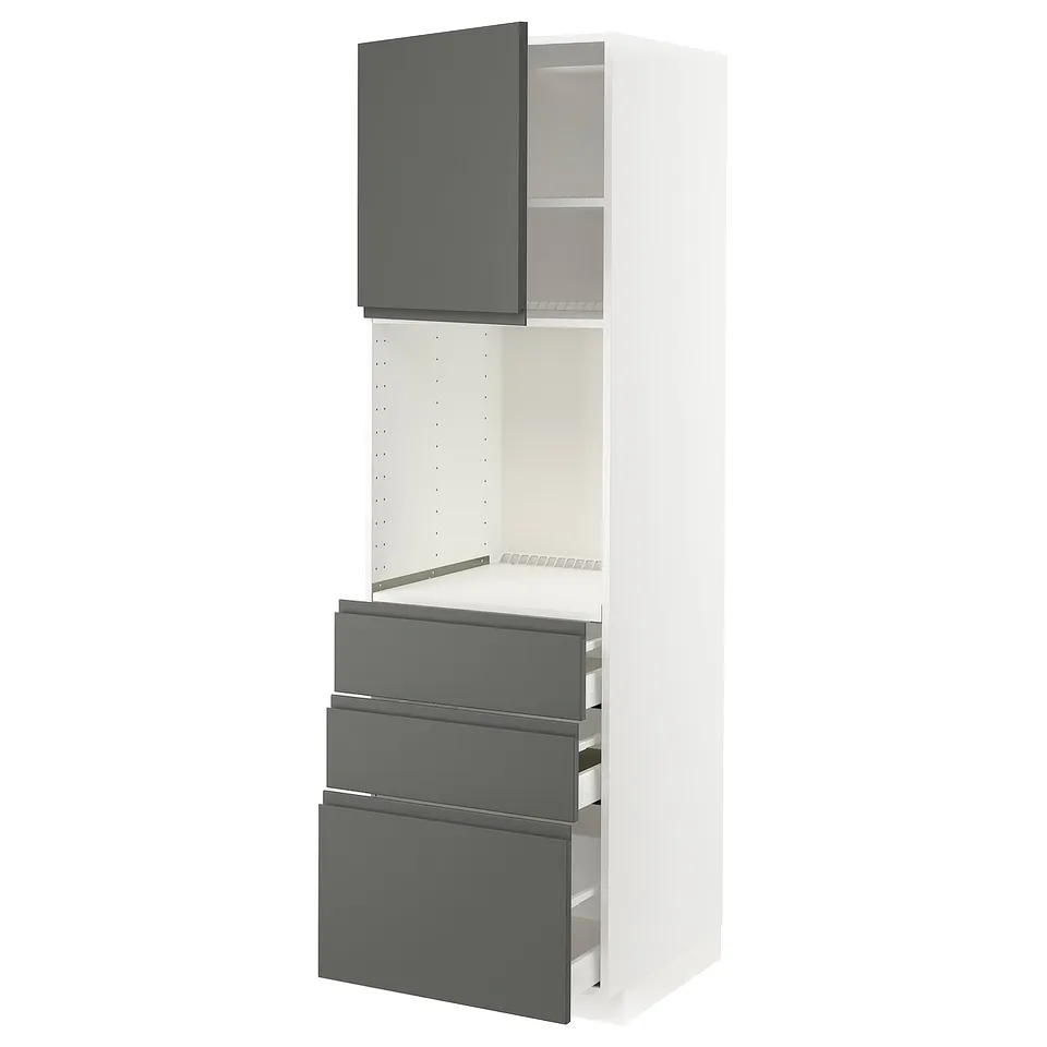METOD kitchen unit, white with grey drawers and cabinets, slim design.