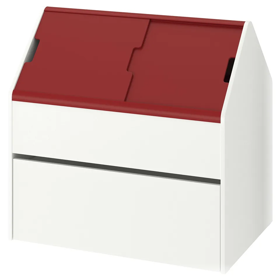 Small, white, red-roofed storage unit with a pull-out drawer, suitable for childrens toys and clothes. Colourful, practical design.