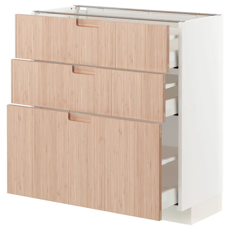 METOD kitchen unit: white frame, natural bamboo drawers, 3 large drawers with wooden handles.