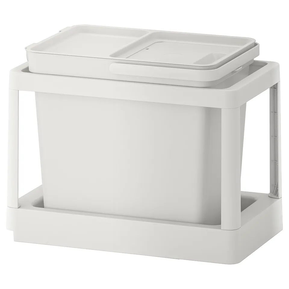 IKEA HÅLLBAR white waste sorting bin with pull-out frame.