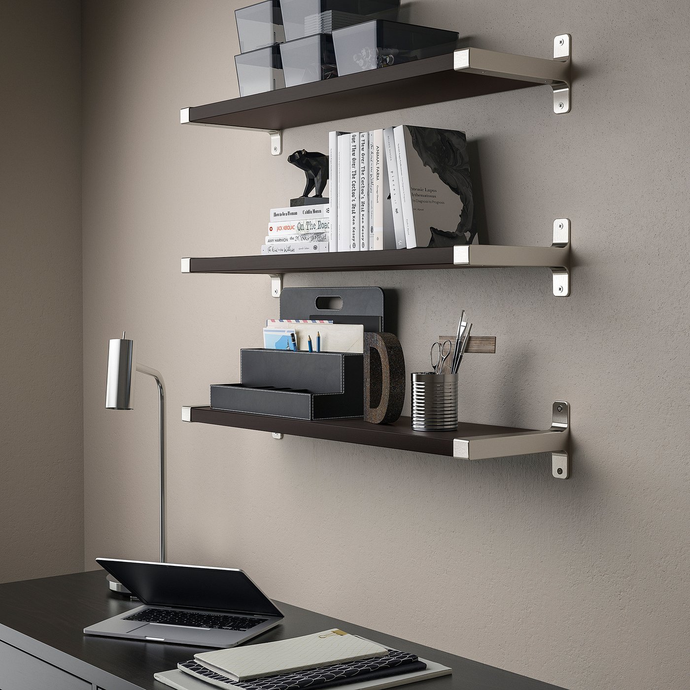 Wall-mounted shelves in a home office. Shelves hold books and office supplies. Laptop open on a desk below.