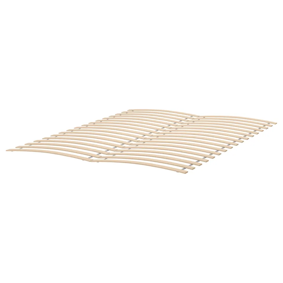 MALM bed frame: light wood, curved slats, high headboard, minimalist design.