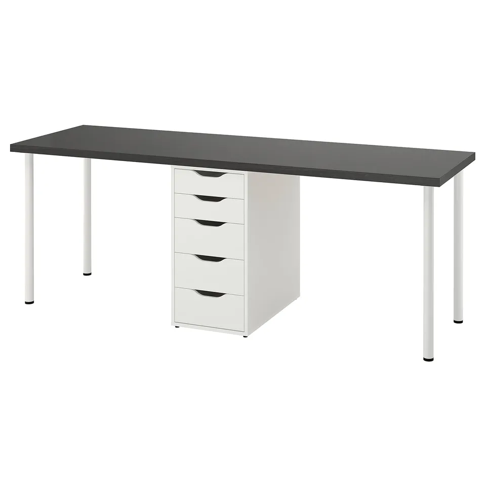 LAGKAPTEN desk, black top, white drawers, minimalist design, office furniture.