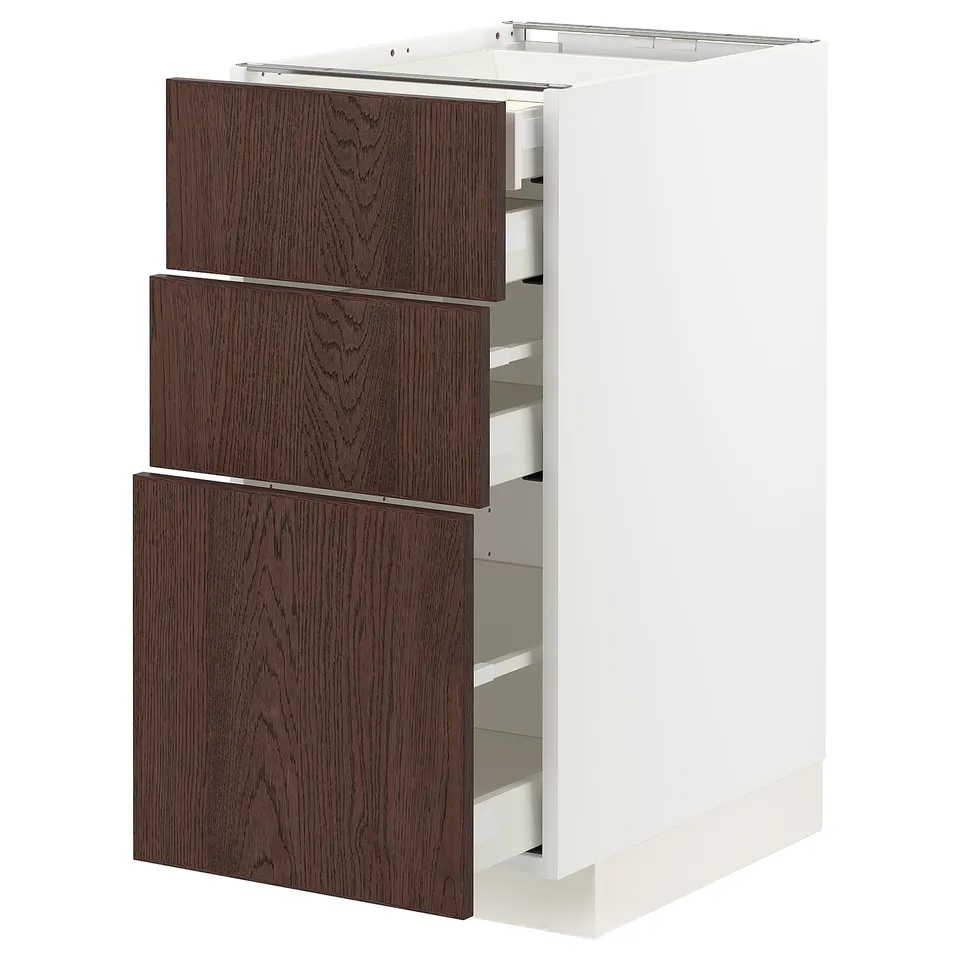 Modern kitchen unit: white METOD cabinet with 3 dark brown sinarp drawers, oak veneer, sleek design, soft-close feature.