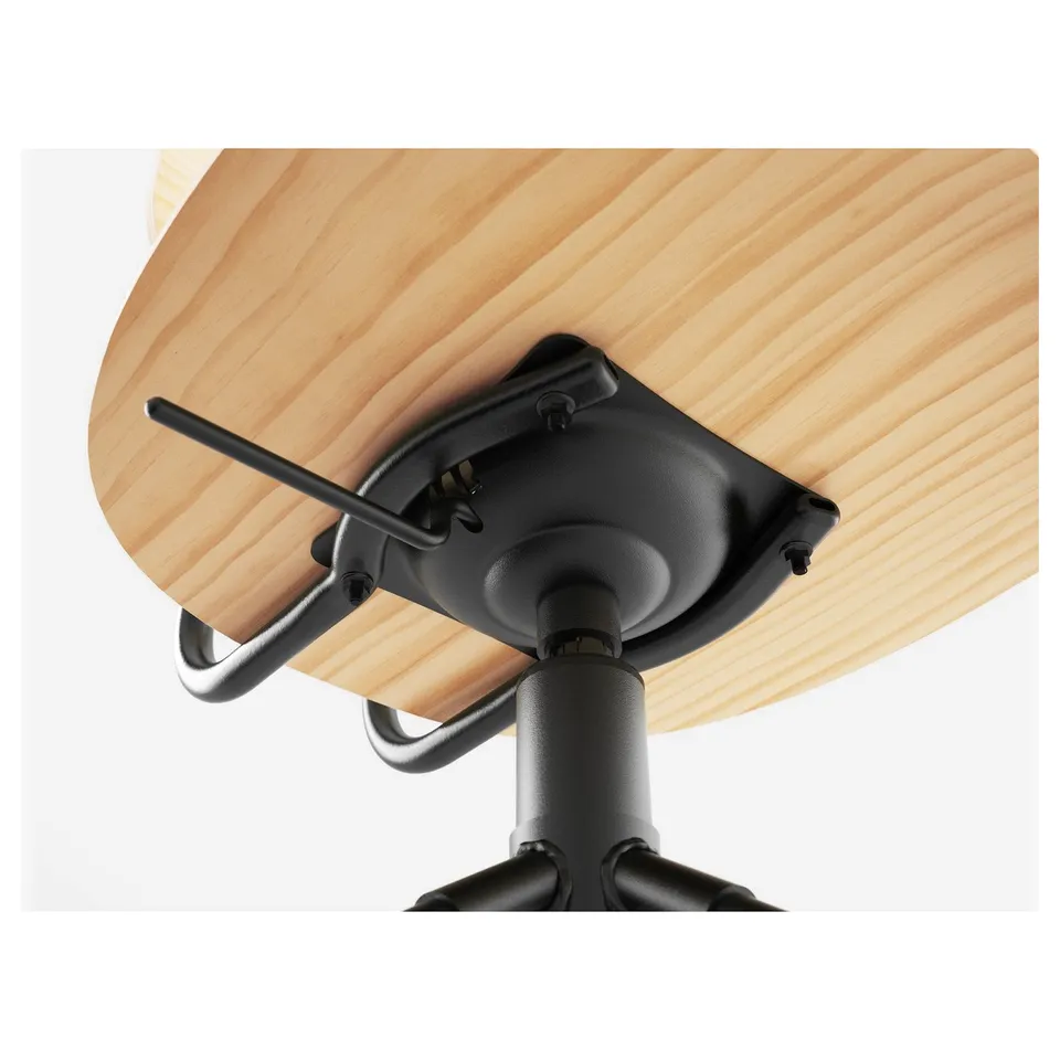 Wooden desk chair base with adjustable height, metal footrest, and sturdy black metal legs.