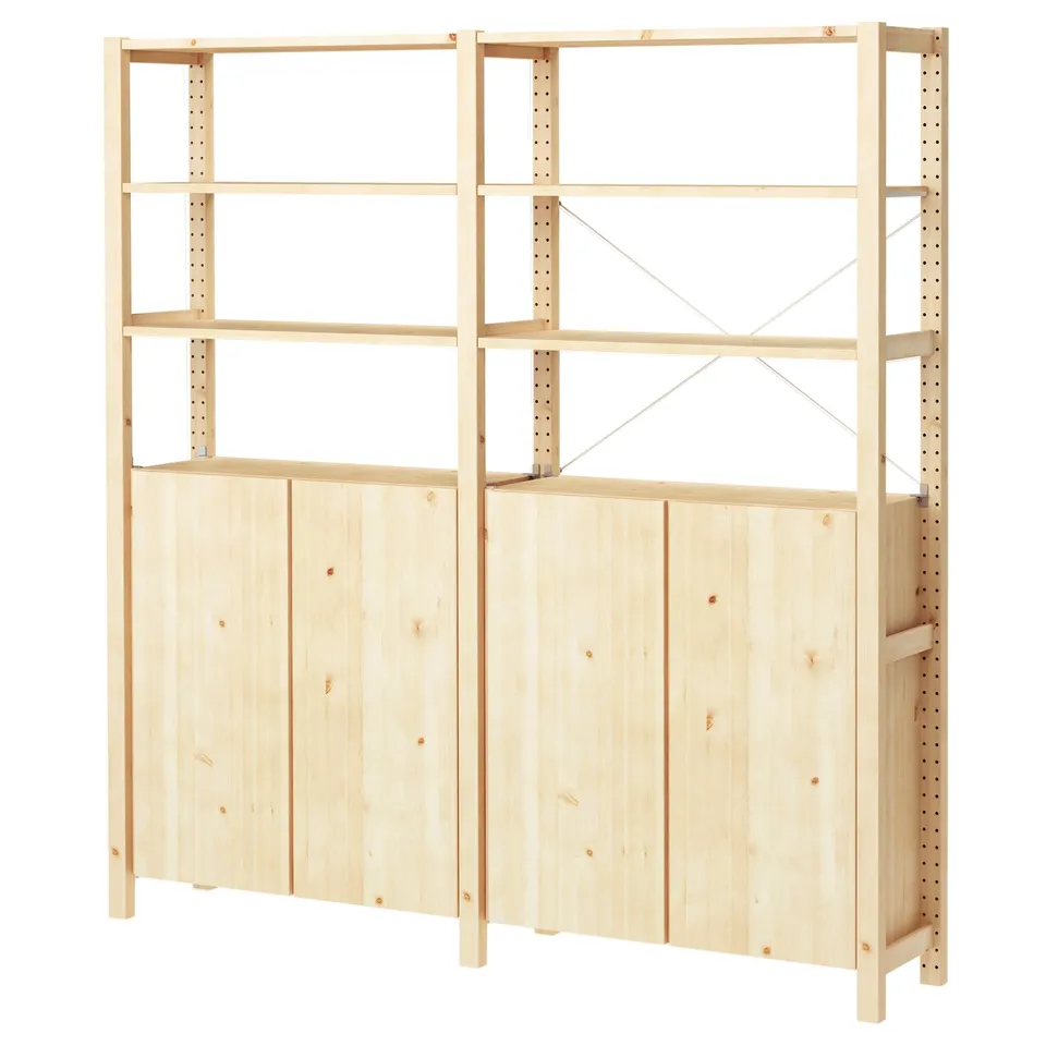 IVAR wooden storage shelf, beige, rectangular with adjustable shelves and closed cabinets at base.