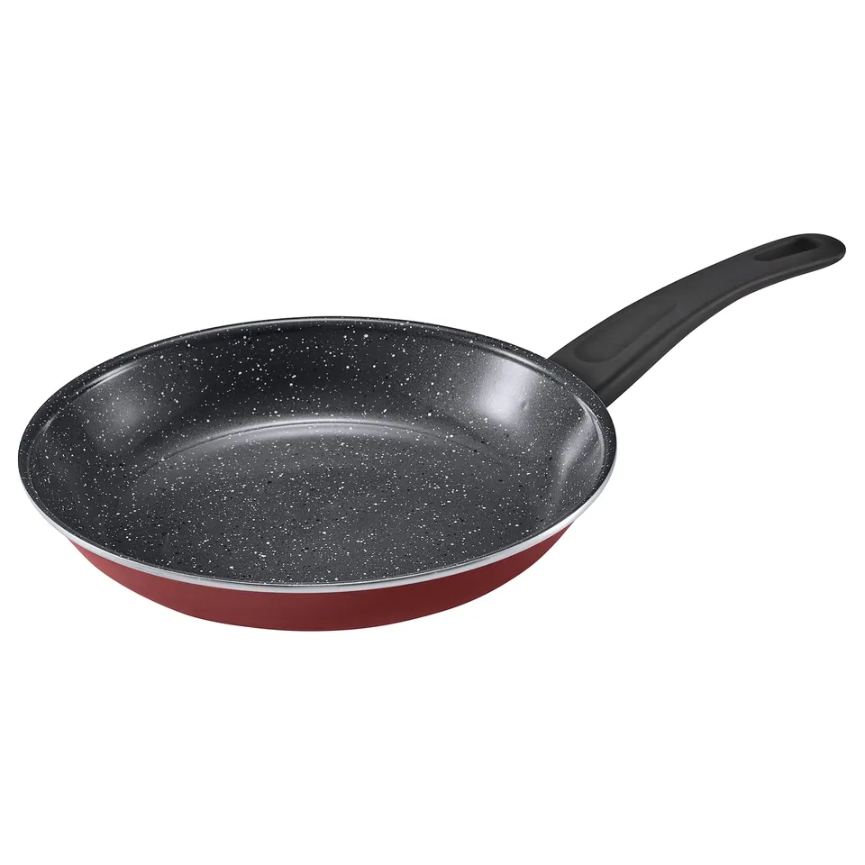 Red non-stick frying pan with black handle and speckled interior, designed for all hobs, including induction.