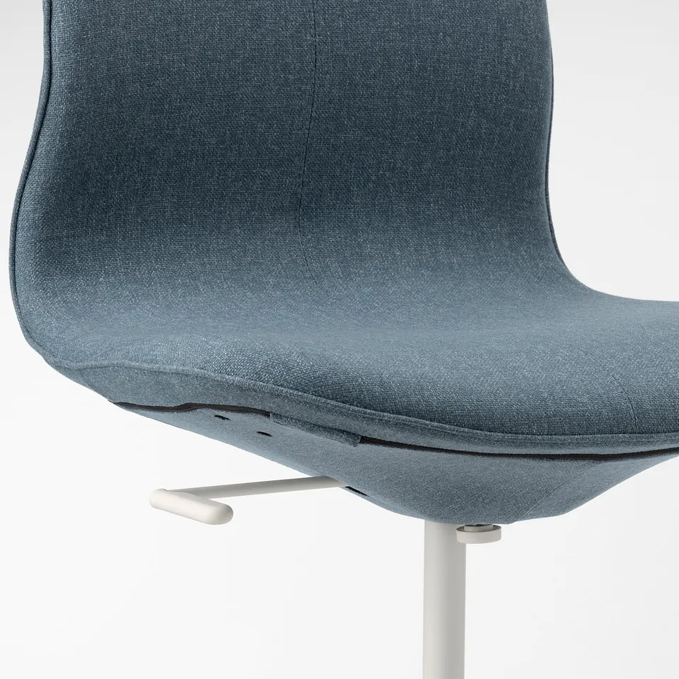 Close-up of LÅNGFJÄLL office chairs lumbar support and height-adjustable seat.