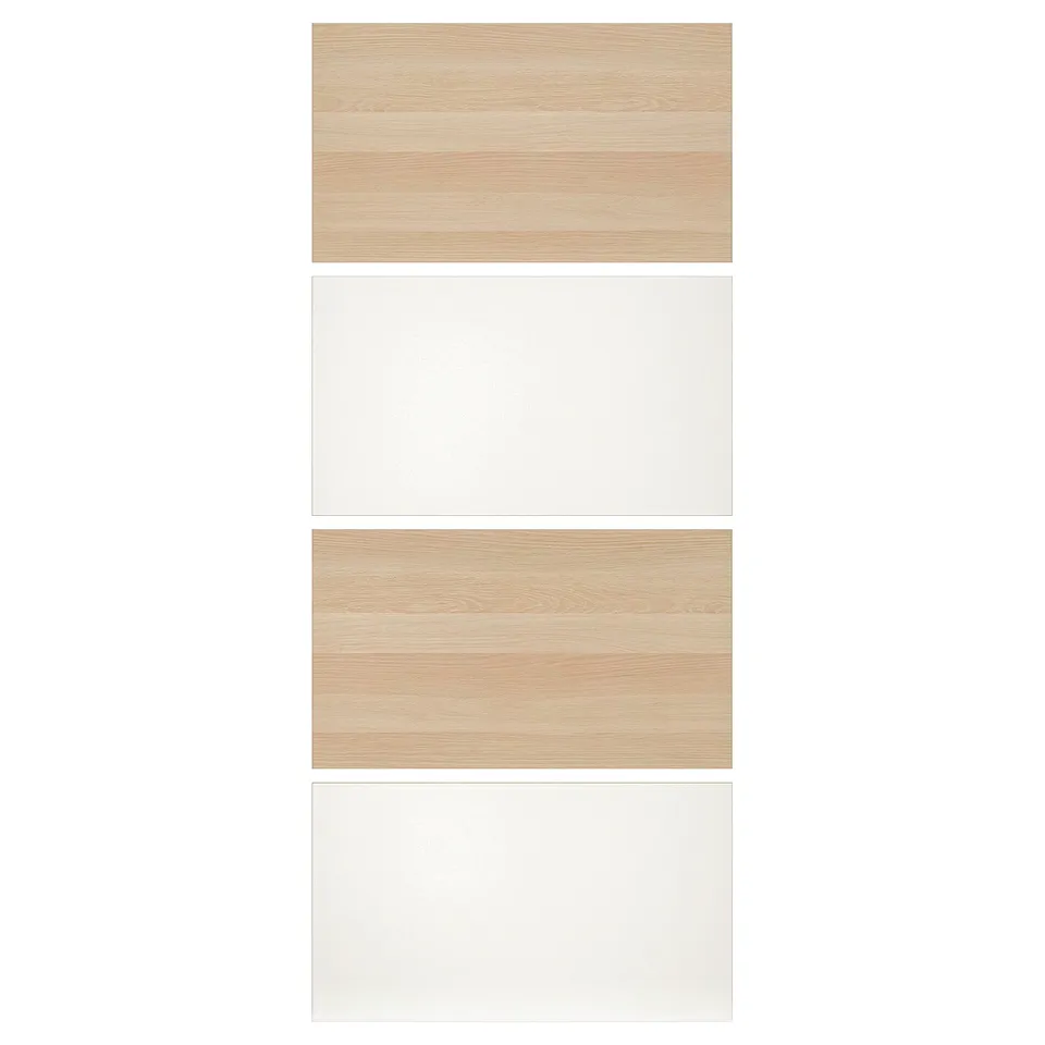 MEHAMN bi-fold panels in oak and white, combining wood and smooth surfaces.