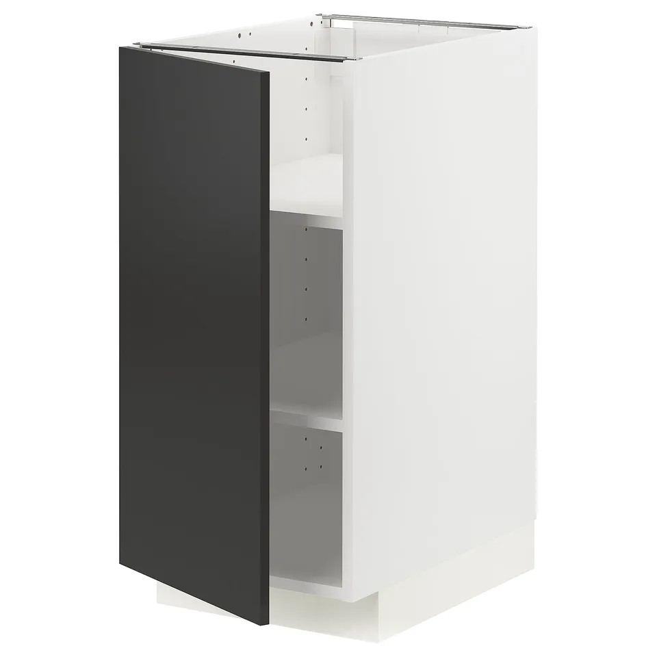 A modern, white METOD kitchen cabinet with a black matt nickebo door, adjustable shelves.