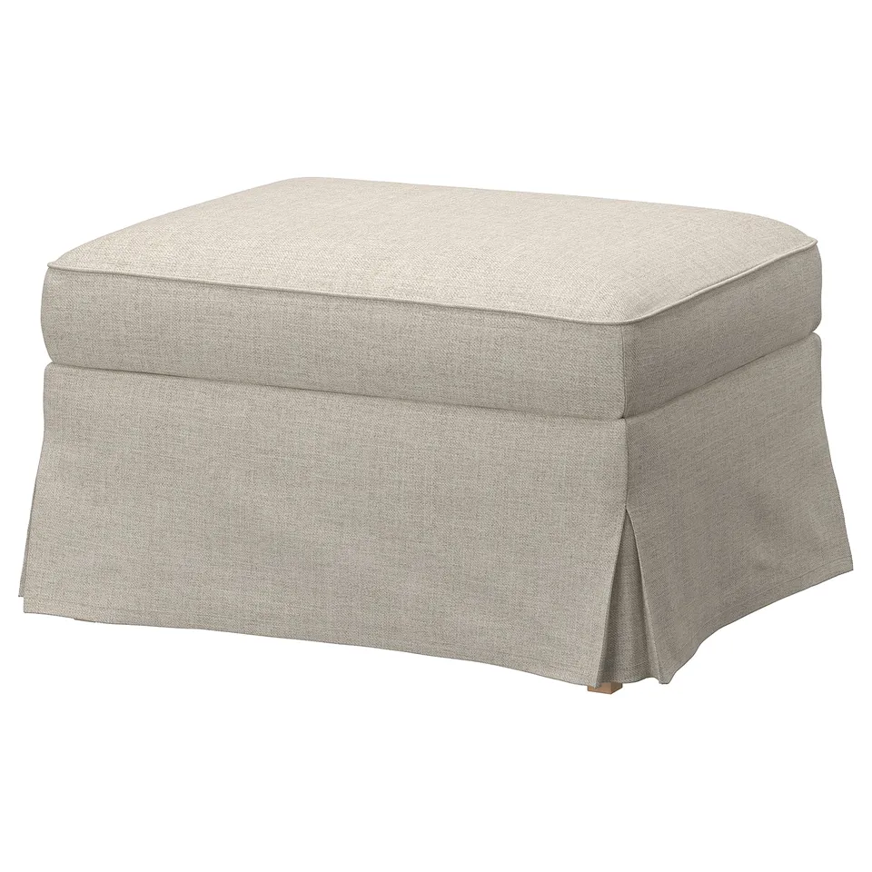 EKTORP footrest in beige kilanda fabric, soft and textured, square shape with gathered sides.