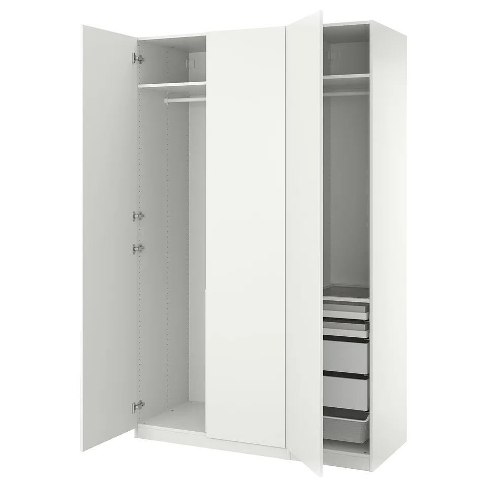 This image shows a white ikea PAX wardrobe with mirrored doors, featuring a hanging rod, shelves, and pullout drawers.