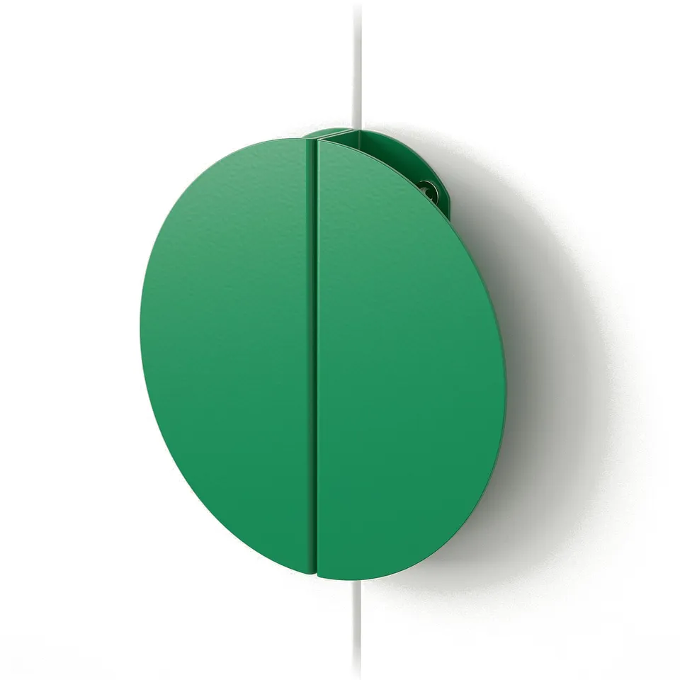 Green circular wall handle, smooth texture, mounted securely, modern design, precise craftsmanship.
