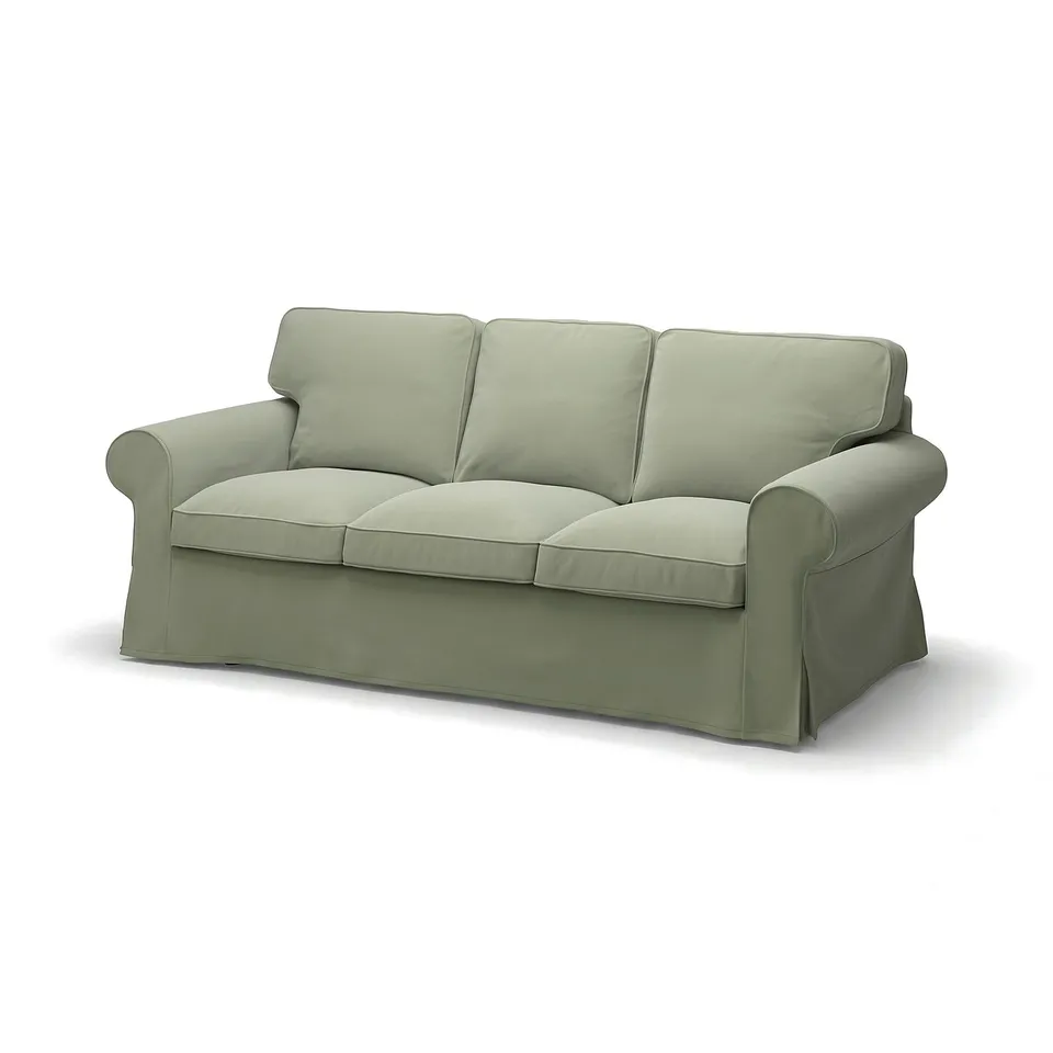 A green EKTORP sofa. It is three-seat with a rolled armrest, smooth fabric cover.