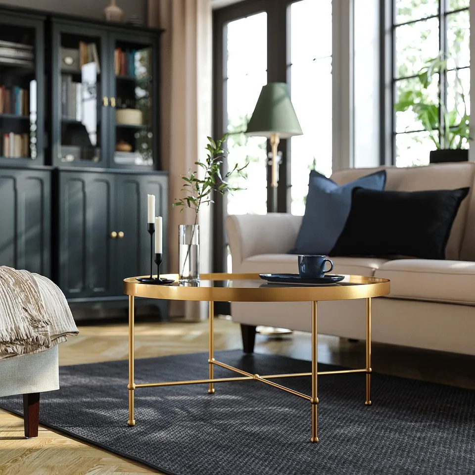 TORSJÖ Coffee table, gold effect/glass, 88 cm