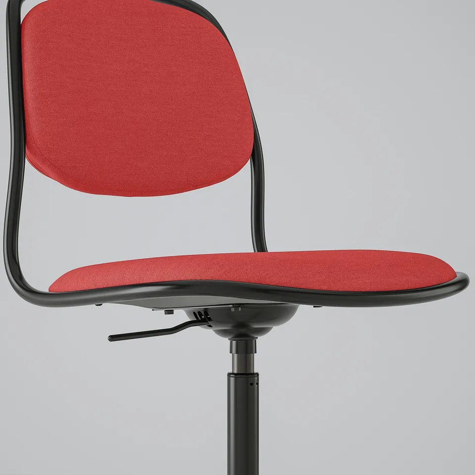 Red office chair with black frame and adjustable height, featuring a safety brake mechanism on castors.