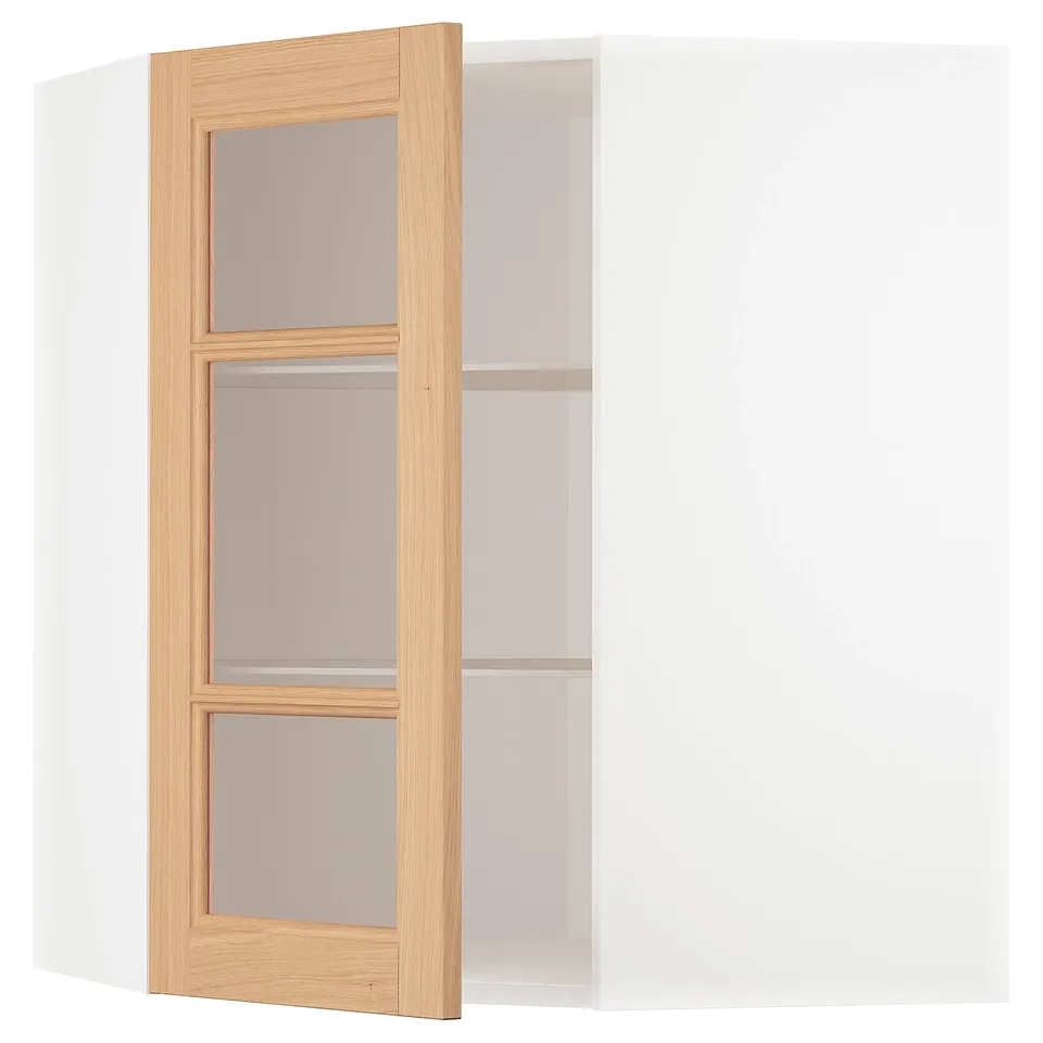 An empty oak kitchen cabinet with frosted glass doors, featuring a natural wood finish and modern design.