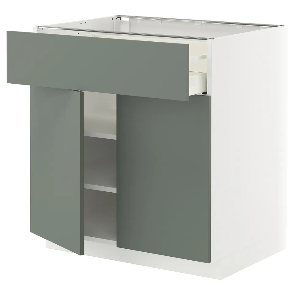 Modern kitchen unit in grey-green with drawer and shelf.