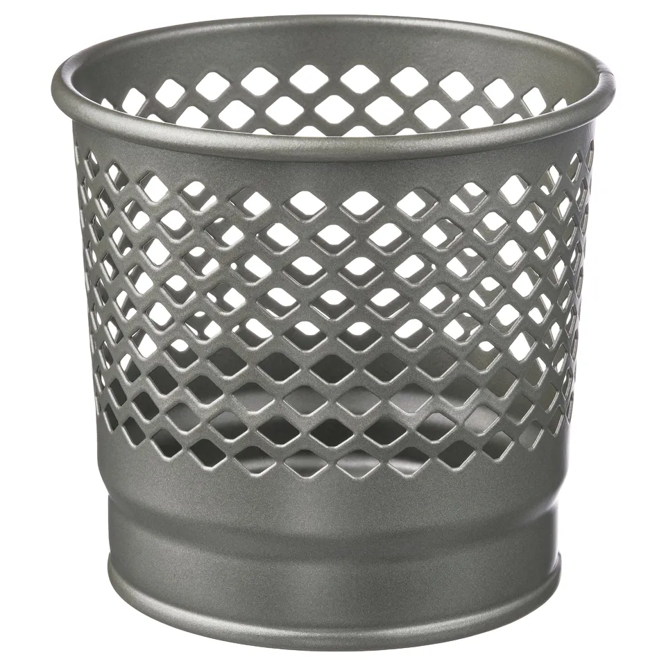 Elegant grey metal storage bin with perforated design for breathability and style