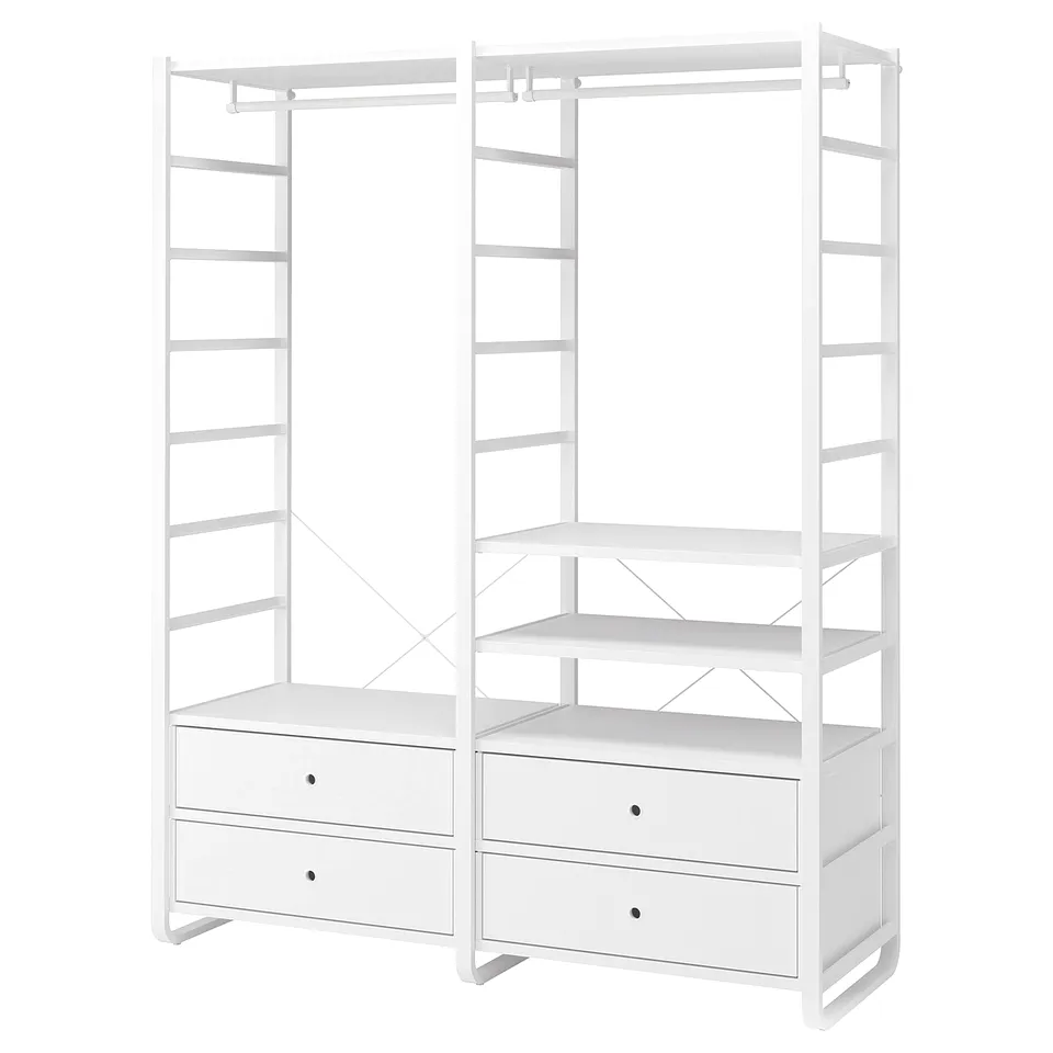 ELVARLI white modular storage system with shelves and drawers, sleek metal and wood design.