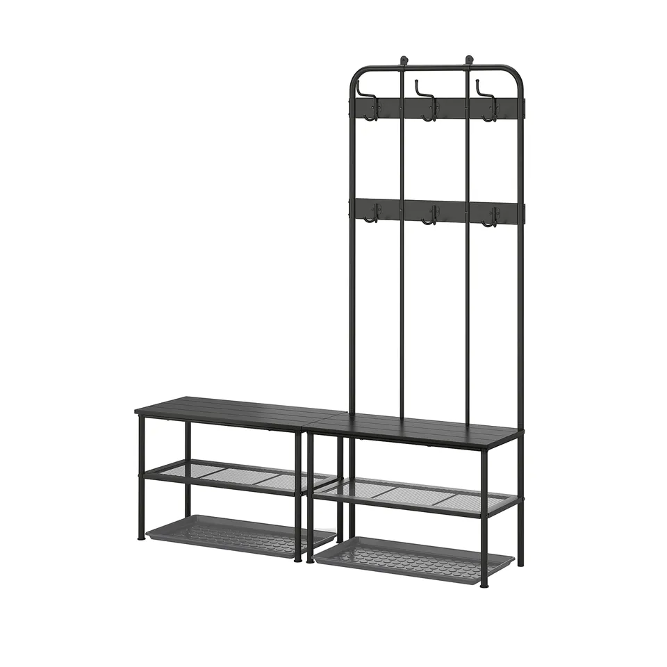Black metal coat rack with bench. Tall design, multiple hooks, three shelves. Perfect for entryway storage.