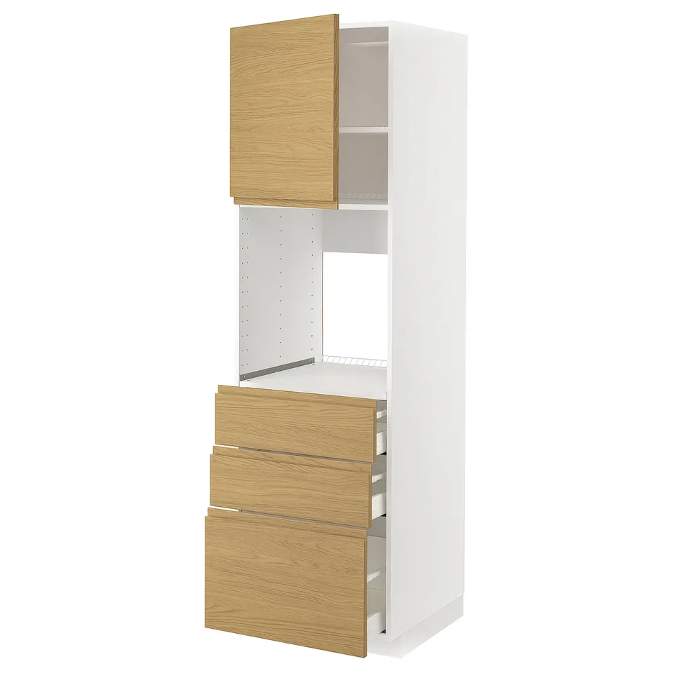 White METOD kitchen cabinet with oak effect drawers and door.