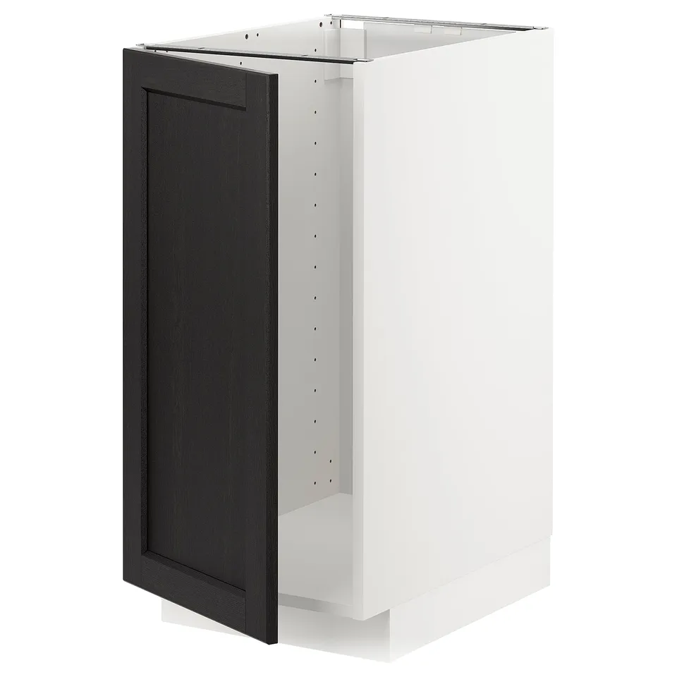 METOD white kitchen cabinet with black stained wood door, rectangular shape.