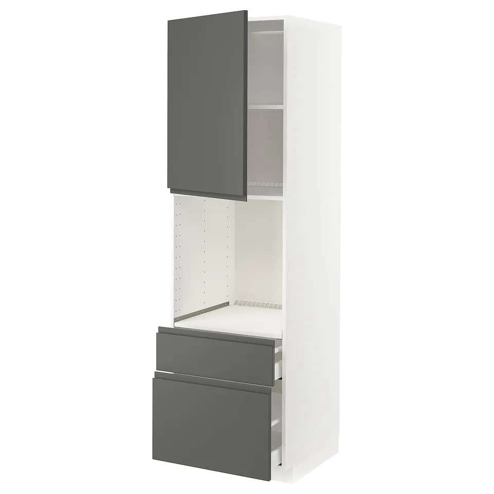 Ikea METOD kitchen unit, dark grey, white, modern design with open sections, tall structure.