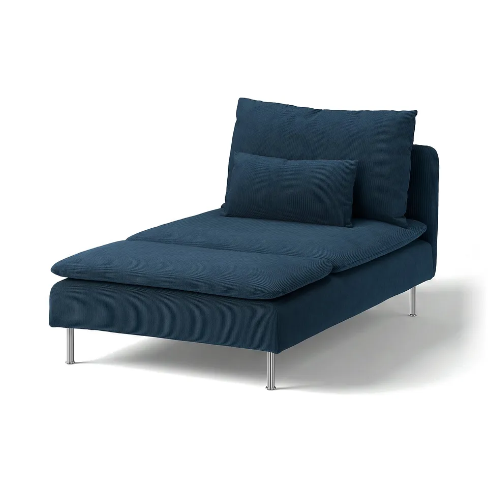 Dark blue modern reclining couch with metal legs, soft polyester fabric, and minimalist design.