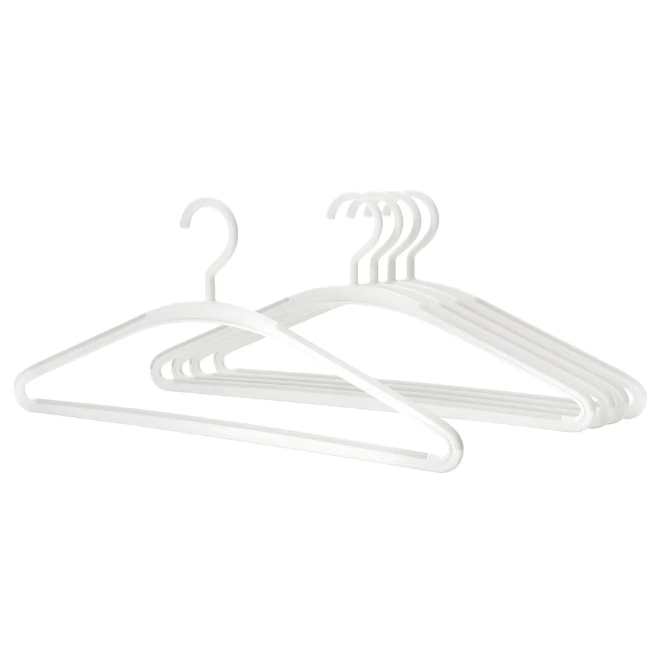 A set of white TRYSSE hangers, made of plastic, with an anti-slip design and swivel hooks.