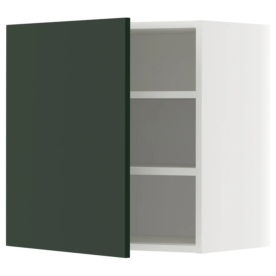 Open white wall cabinet with adjustable shelves, green door.