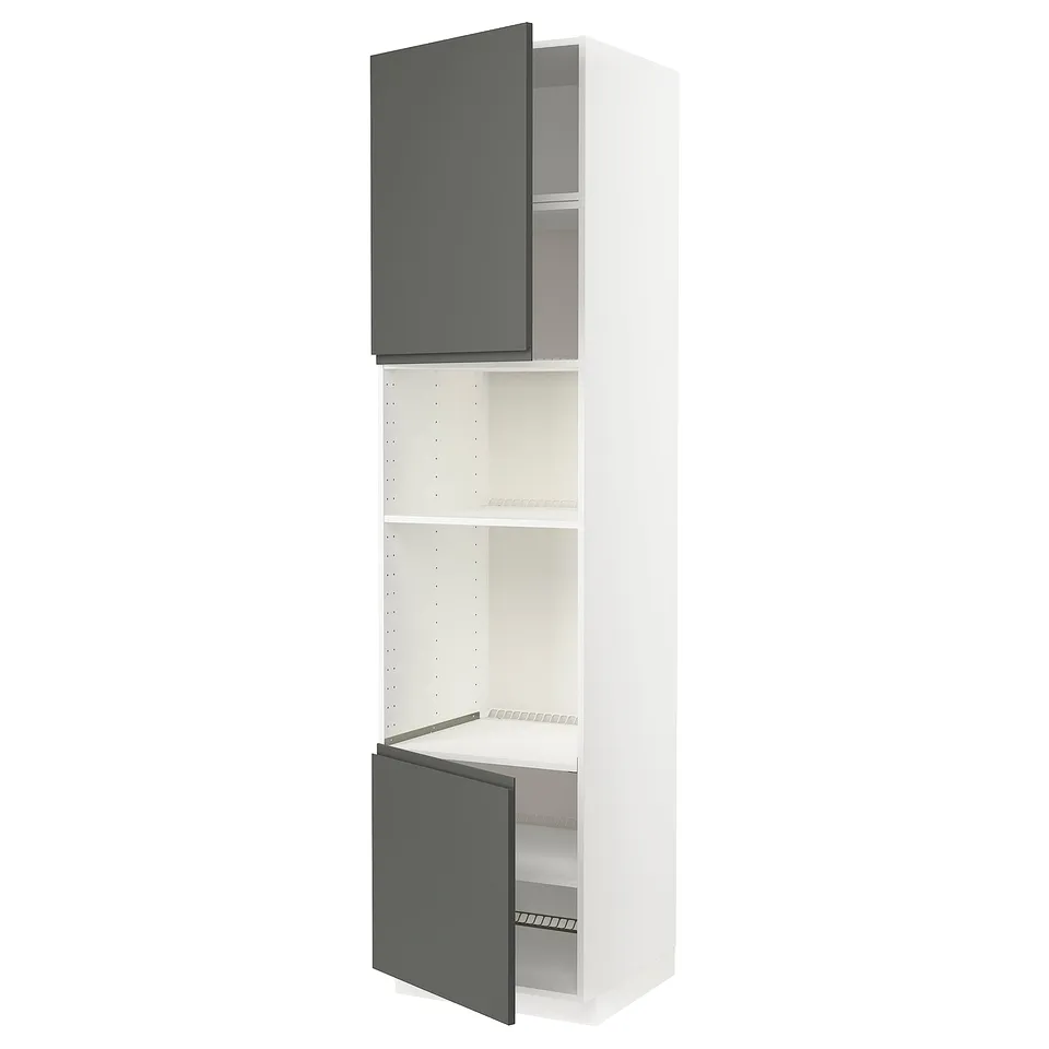 A tall, white METOD kitchen cabinet with two dark grey doors, featuring a modern design and adjustable shelves.