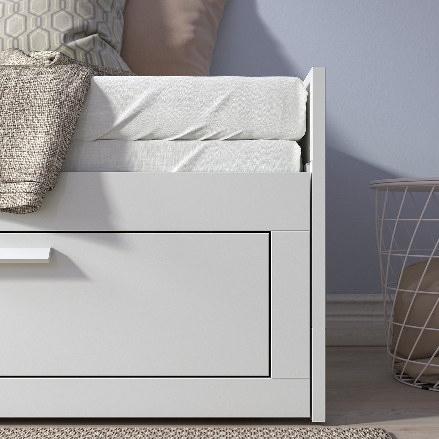 Day-bed with two drawers, convertible to double bed, ideal for space-saving.