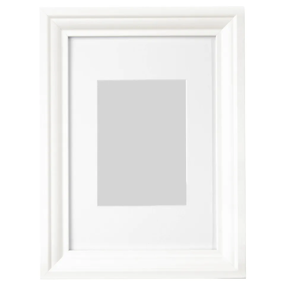 White picture frame, rectangular shape, simple design, with plastic front protection.