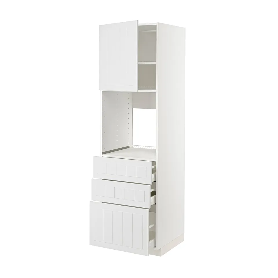 White METOD storage unit, tall with mix of closed doors & open shelves, made of engineered wood.