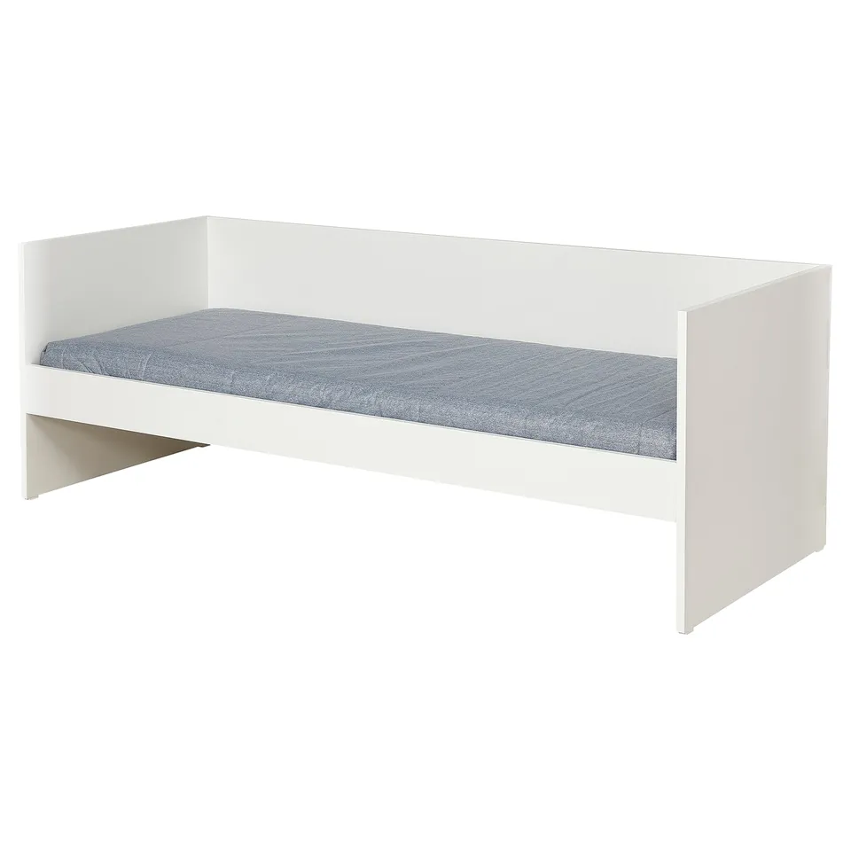 A white VIHALS daybed with a grey mattress. It is designed for small spaces and a modern, minimalist look.