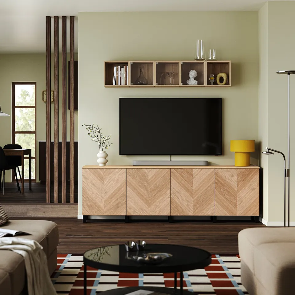 BESTÅ TV bench with doors, black-brown/Hedeviken/Stubbarp oak veneer, 240x42x76 cm