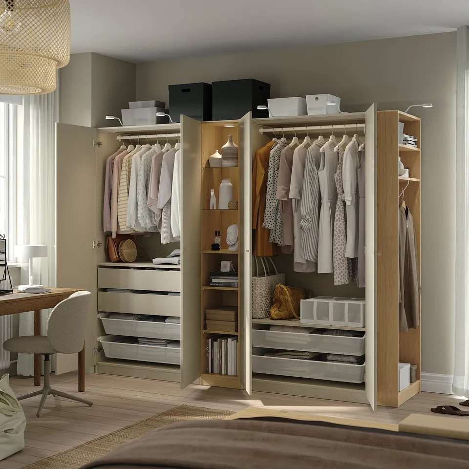 PAX / FORSAND Wardrobe combination, grey-beige grey-beige/oak effect, 255x60x201 cm