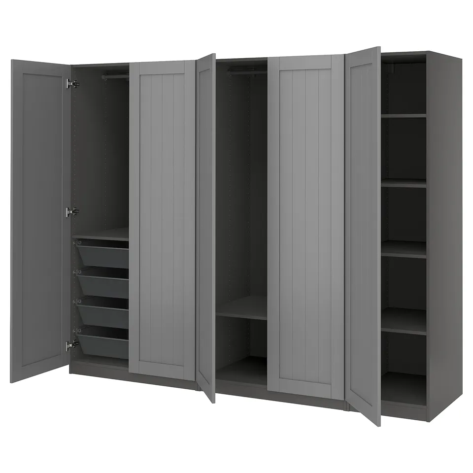 Grey PAX wardrobe with open doors, shelves, and mesh baskets; modern design.